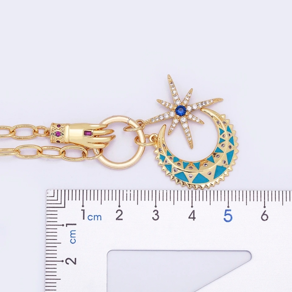 🆕️Crescent Moon & Starburst Paper Clip Chain 18k Gold Plated Necklace CZ NEW - Picture 2 of 6